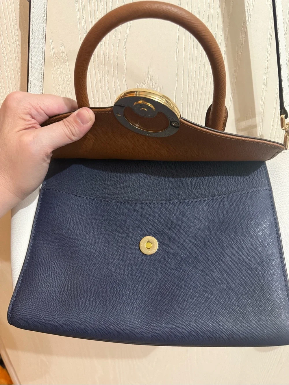 Michael Kors Brown Navy White Leather Satchel with Gold MK Accent